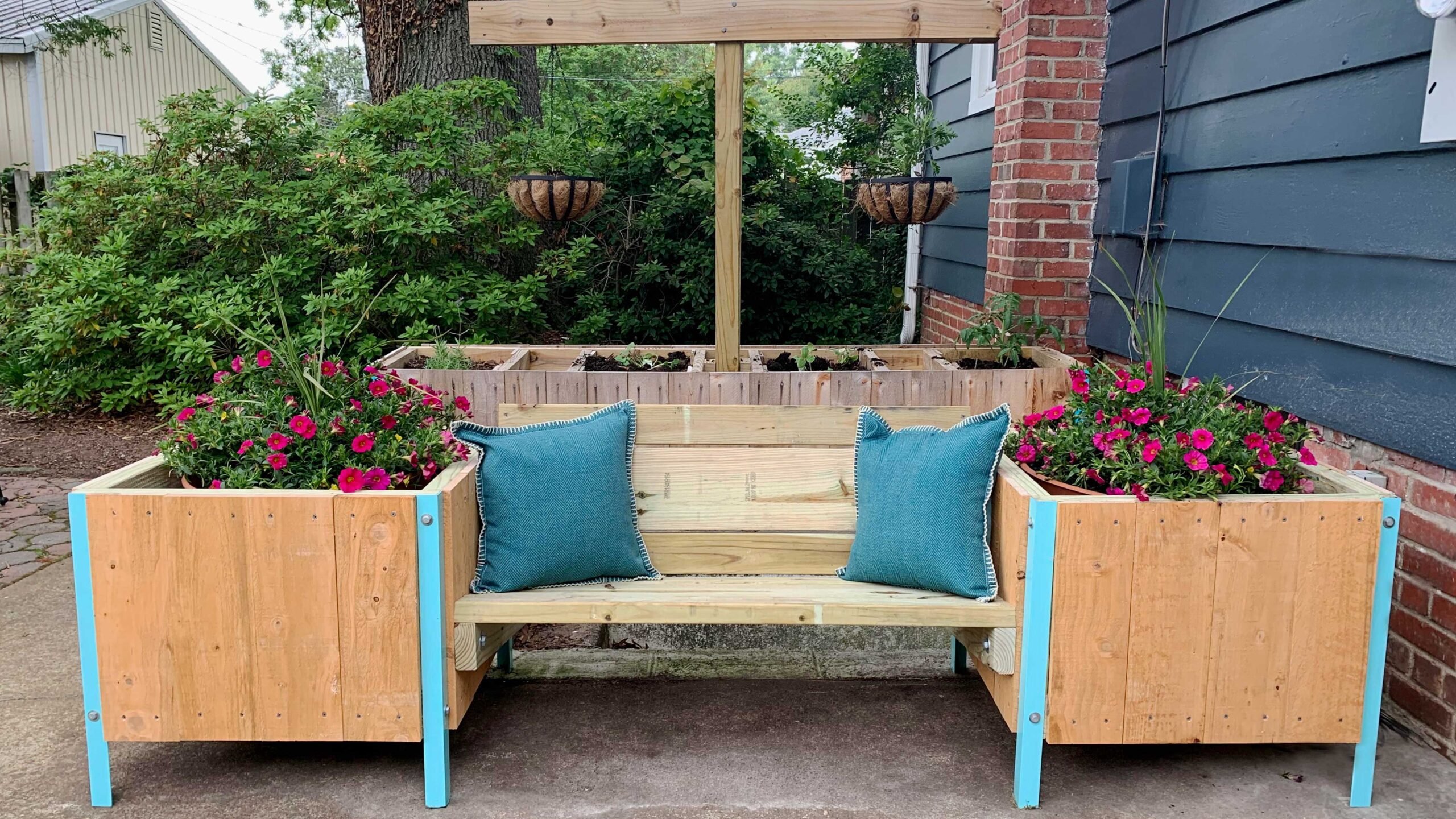 Outdoor bench store with planter boxes